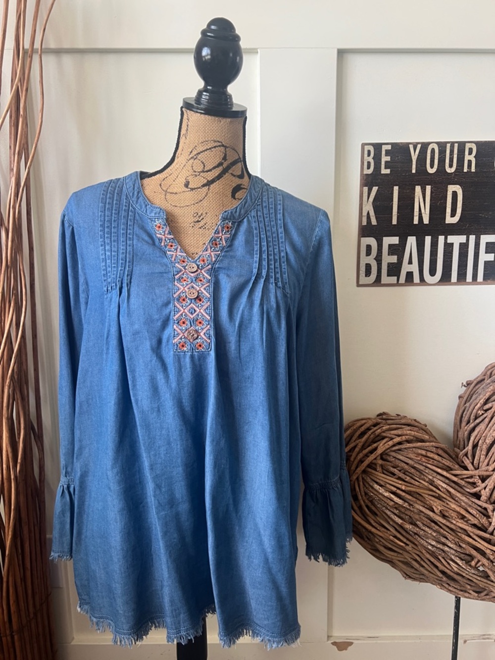 Embroidered Blue V-Neck Tunic Top